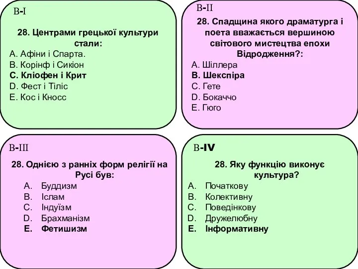 28. Центрами грецької культури стали: A. Афіни і Спарта. B. Корінф