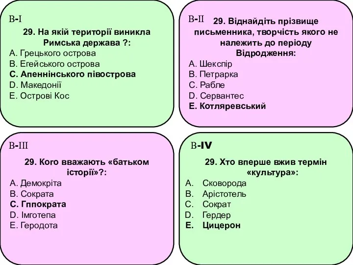 29. На якій території виникла Римська держава ?: A. Грецького острова