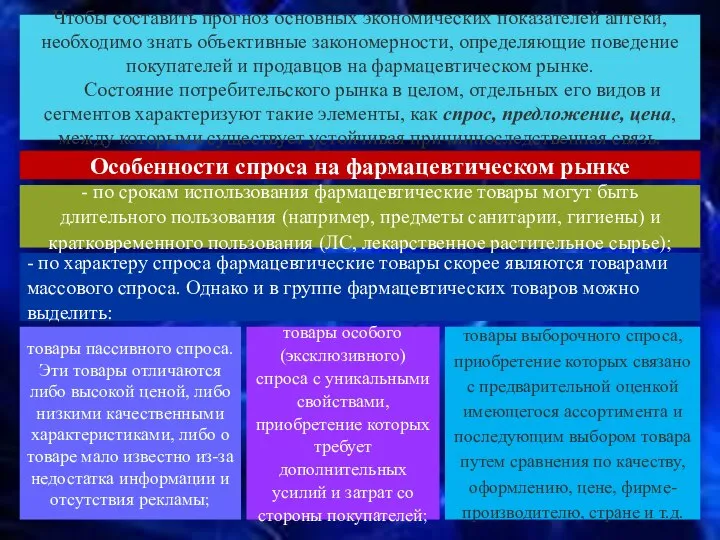 Чтобы составить прогноз основных экономических показателей аптеки, необходимо знать объективные закономерности,