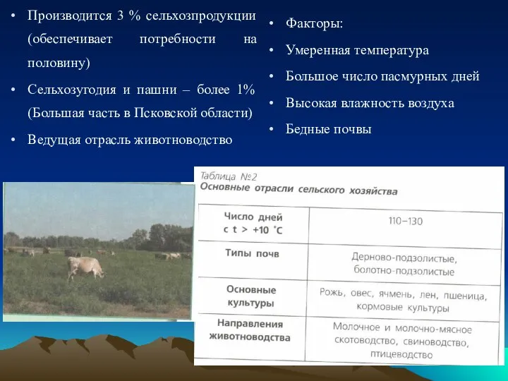 Производится 3 % сельхозпродукции (обеспечивает потребности на половину) Сельхозугодия и пашни