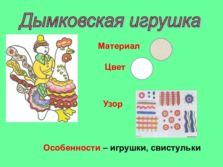 Дымковская игрушка Материал Цвет Узор Особенности – игрушки, свистульки