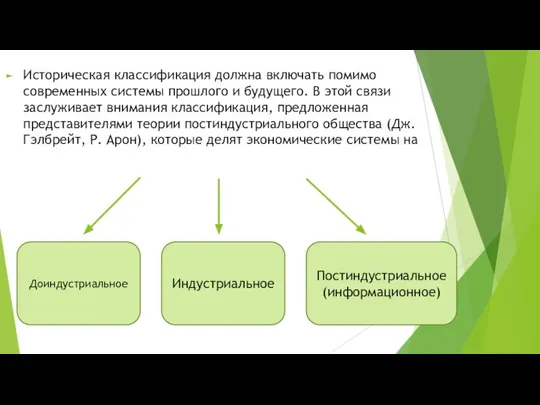 Историческая классификация должна включать помимо современных системы прошлого и будущего. В