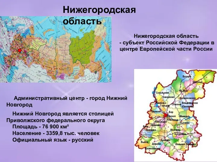 Нижегородская область Административный центр - город Нижний Новгород Нижний Новгород является