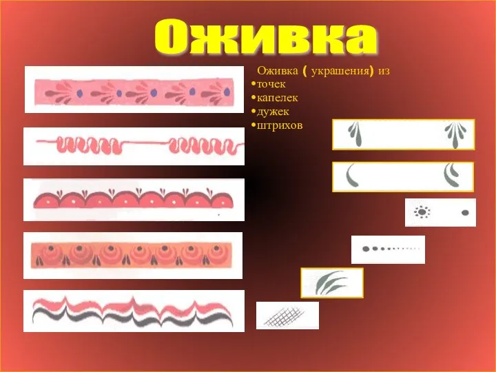 Оживка ( украшения) из точек капелек дужек штрихов Оживка