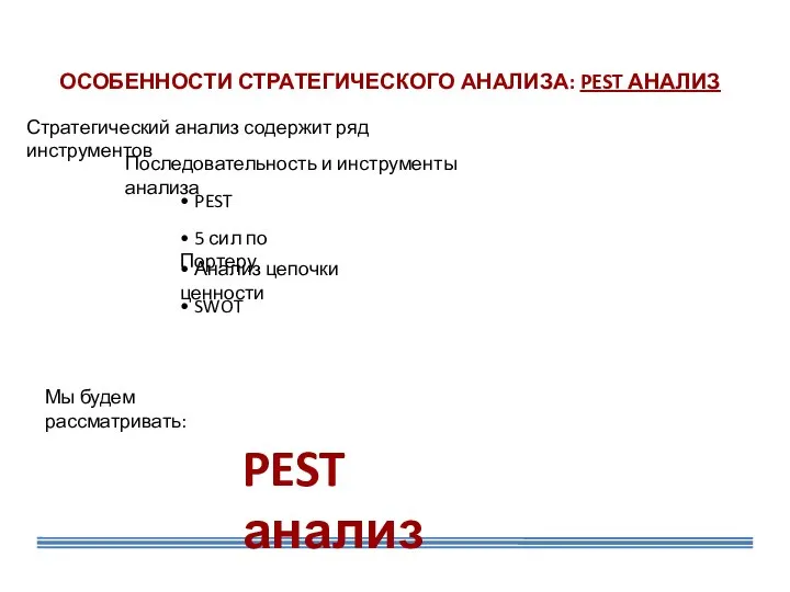 Последовательность и инструменты анализа • PEST • 5 сил по Портеру