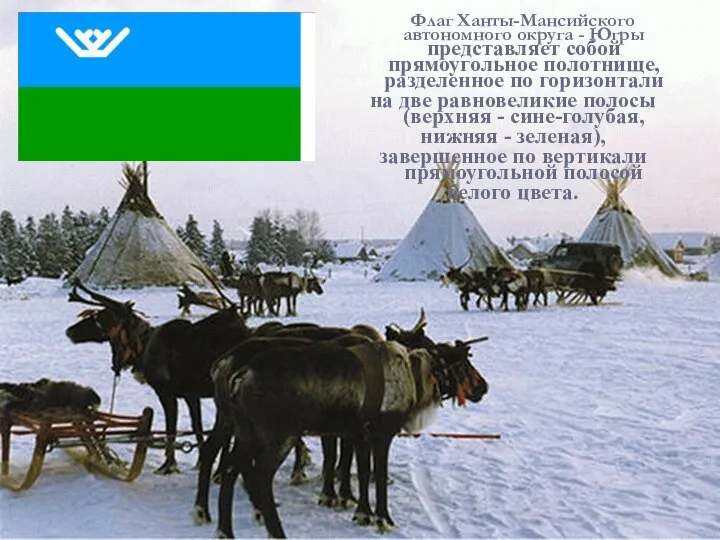 Флаг Ханты-Мансийского автономного округа - Югры представляет собой прямоугольное полотнище, разделенное