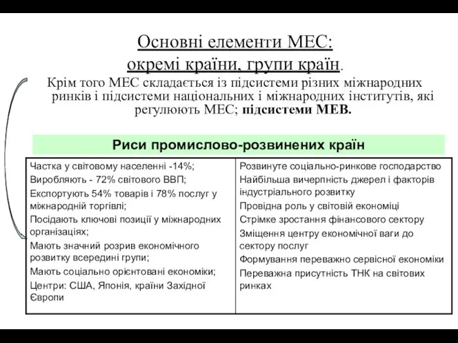 Основні елементи МЕС: окремі країни, групи країн. Крім того МЕС складається