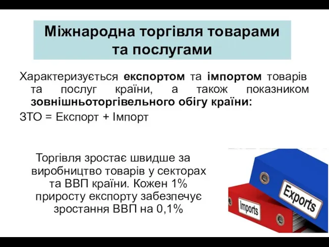 Характеризується експортом та імпортом товарів та послуг країни, а також показником