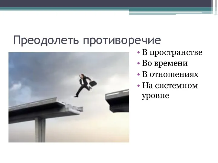 Преодолеть противоречие В пространстве Во времени В отношениях На системном уровне