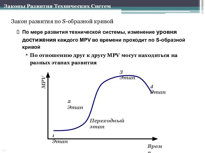 Закон развития по S-образной кривой По мере развития технической системы, изменение