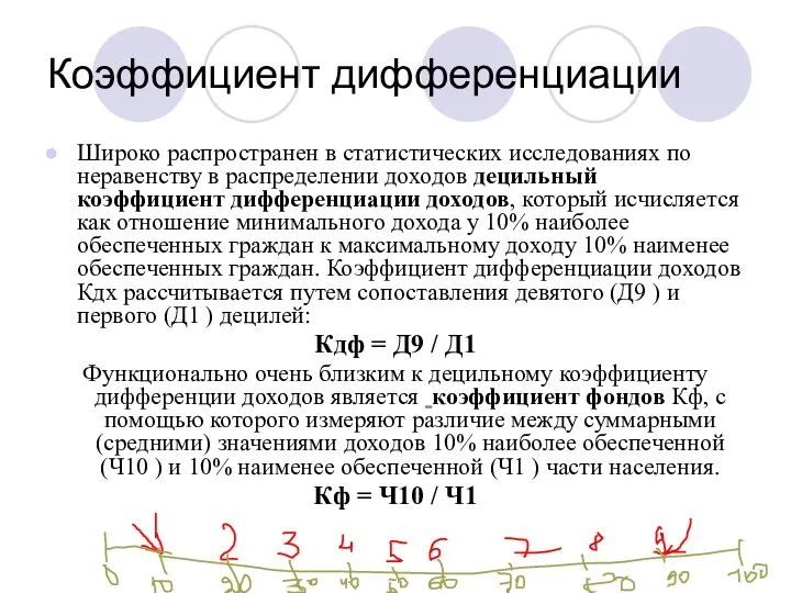 Коэффициент дифференциации Широко распространен в статистических исследованиях по неравенству в распределении