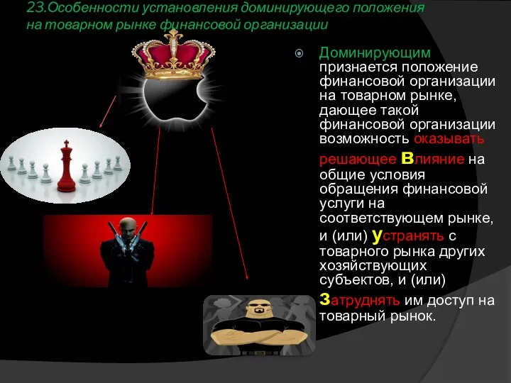 23.Особенности установления доминирующего положения на товарном рынке финансовой организации Доминирующим признается