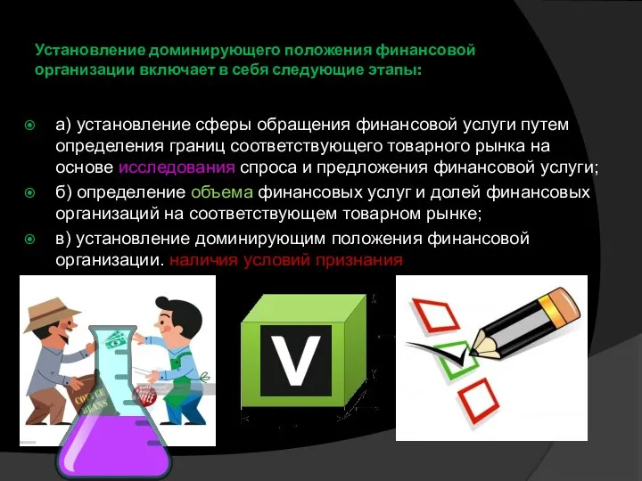 Установление доминирующего положения финансовой организации включает в себя следующие этапы: а)