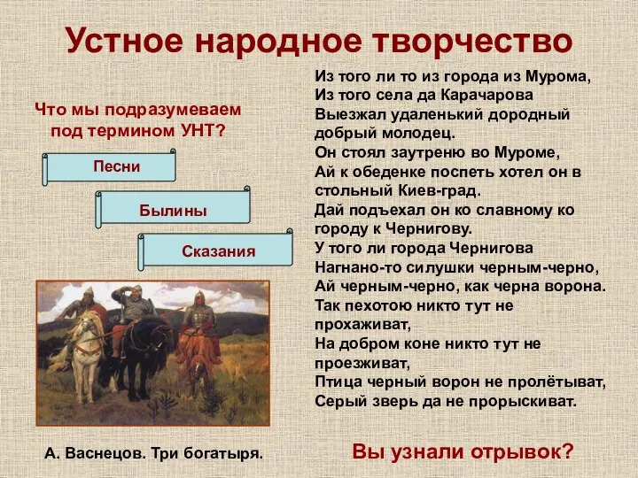 Устное народное творчество Песни Былины Сказания Из того ли то из