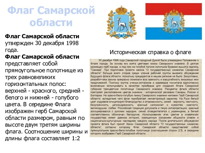 Флаг Самарской области Флаг Самарской области утвержден 30 декабря 1998 года.