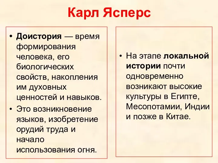 Карл Ясперс Доистория — время формирования человека, его биологических свойств, накопления