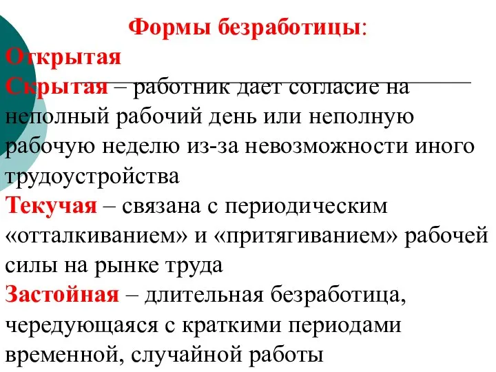 Формы безработицы: Открытая Скрытая – работник дает согласие на неполный рабочий