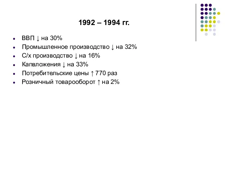 1992 – 1994 гг. ВВП ↓ на 30% Промышленное производство ↓