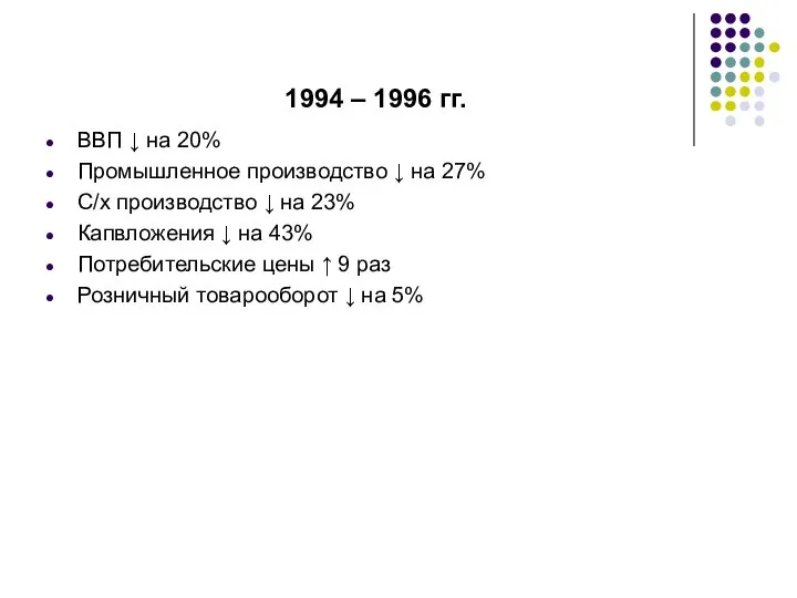 1994 – 1996 гг. ВВП ↓ на 20% Промышленное производство ↓