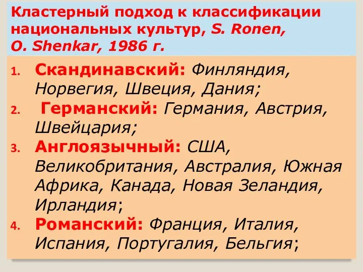 Кластерный подход к классификации национальных культур, S. Ronen, O. Shenkar, 1986