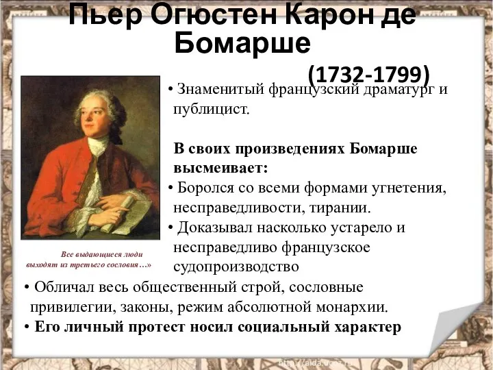 Пьер Огюстен Карон де Бомарше (1732-1799) Знаменитый французский драматург и публицист.