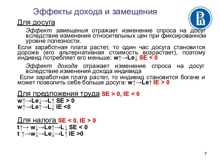 Эффекты дохода и замещения Для досуга Эффект замещения отражает изменение спроса