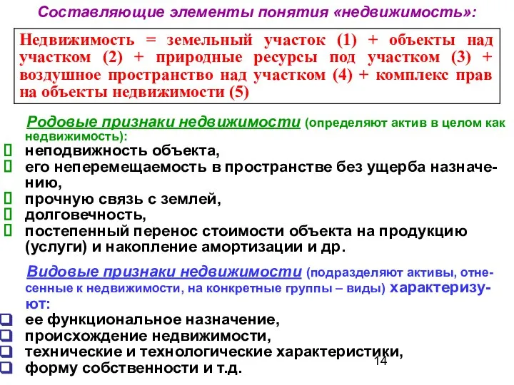 Составляющие элементы понятия «недвижимость»: Родовые признаки недвижимости (определяют актив в целом