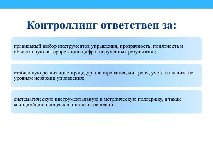 Контроллинг ответствен за: правильный выбор инструментов управления, прозрачность, понятность и объективную