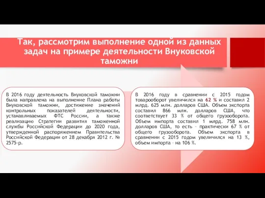 Так, рассмотрим выполнение одной из данных задач на примере деятельности Внуковской таможни