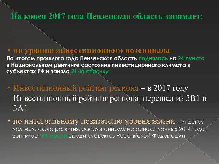 На конец 2017 года Пензенская область занимает: по уровню инвестиционного потенциала