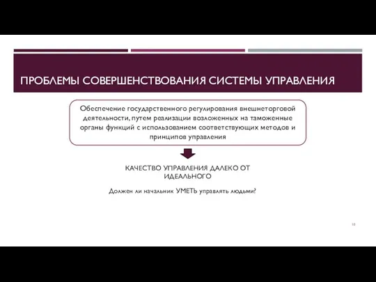 ПРОБЛЕМЫ СОВЕРШЕНСТВОВАНИЯ СИСТЕМЫ УПРАВЛЕНИЯ Обеспечение государственного регулирования внешнеторговой деятельности, путем реализации