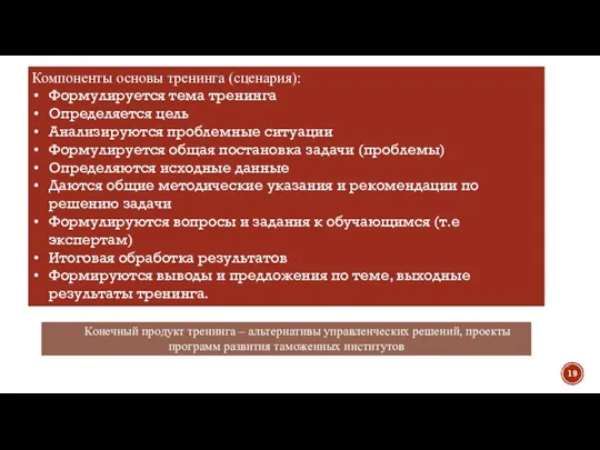 Компоненты основы тренинга (сценария): Формулируется тема тренинга Определяется цель Анализируются проблемные