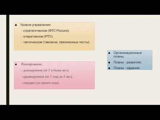 Уровни управления: - стратегическом (ФТС России); - оперативном (РТУ); - тактическом