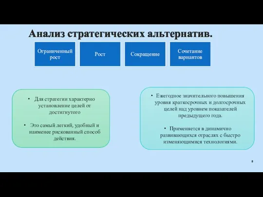 Анализ стратегических альтернатив. Для стратегии характерно установление целей от достигнутого Это