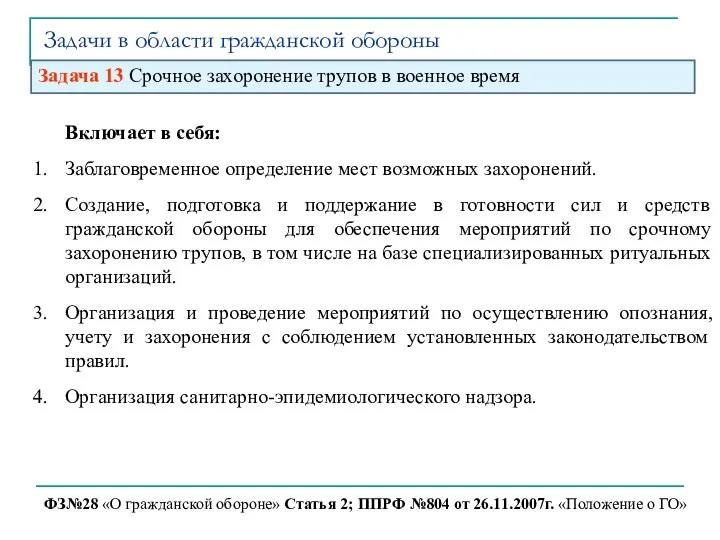 Задачи в области гражданской обороны ФЗ№28 «О гражданской обороне» Статья 2;