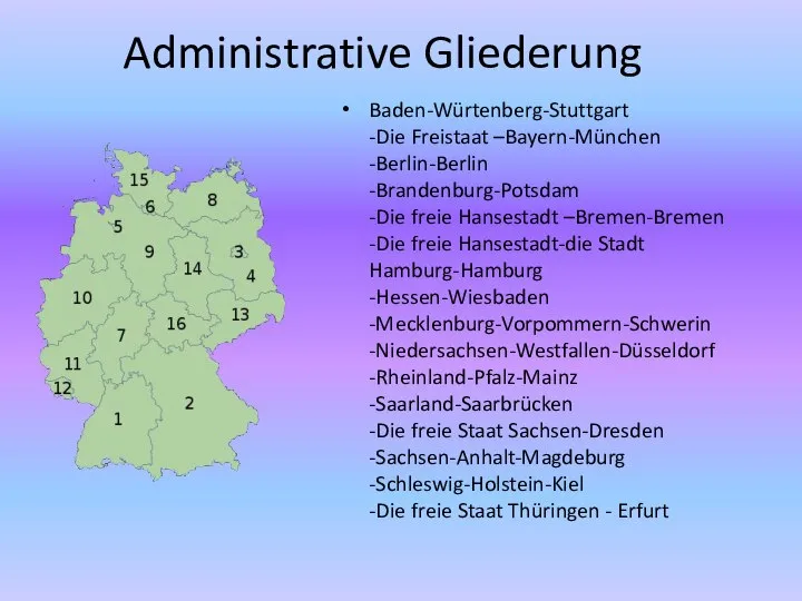 Administrative Gliederung Baden-Würtenberg-Stuttgart -Die Freistaat –Bayern-München -Berlin-Berlin -Brandenburg-Potsdam -Die freie Hansestadt