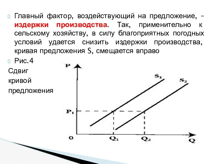 Главный фактор, воздействующий на предложение, – издержки производства. Так, применительно к