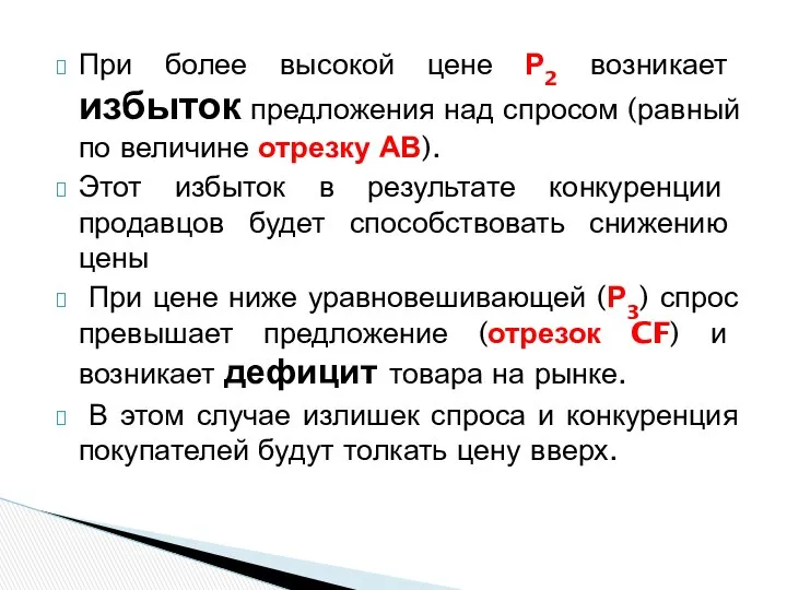 При более высокой цене Р2 возникает избыток предложения над спросом (равный