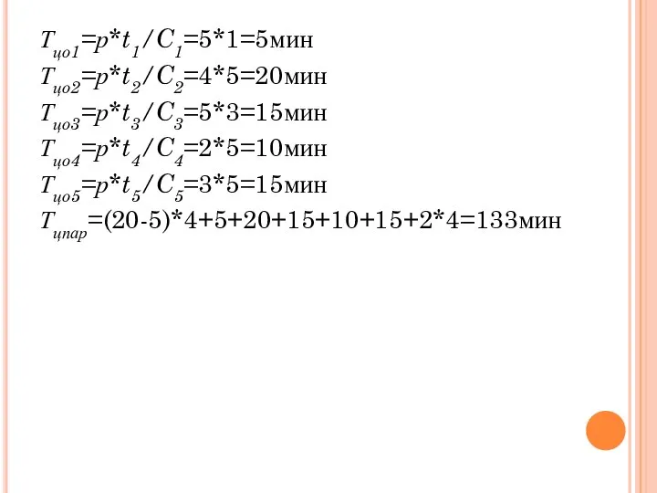 Тцо1=р*t1/C1=5*1=5мин Тцо2=р*t2/C2=4*5=20мин Тцо3=р*t3/C3=5*3=15мин Тцо4=р*t4/C4=2*5=10мин Тцо5=р*t5/C5=3*5=15мин Тцпар=(20-5)*4+5+20+15+10+15+2*4=133мин