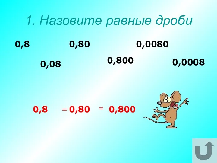 1. Назовите равные дроби 0,0008 0,0080 0,80 0,800 0,08 0,8 0,8 0,80 0,800 = =