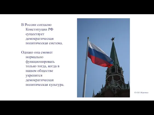 В России согласно Конституции РФ существует демократическая политическая система. Однако она