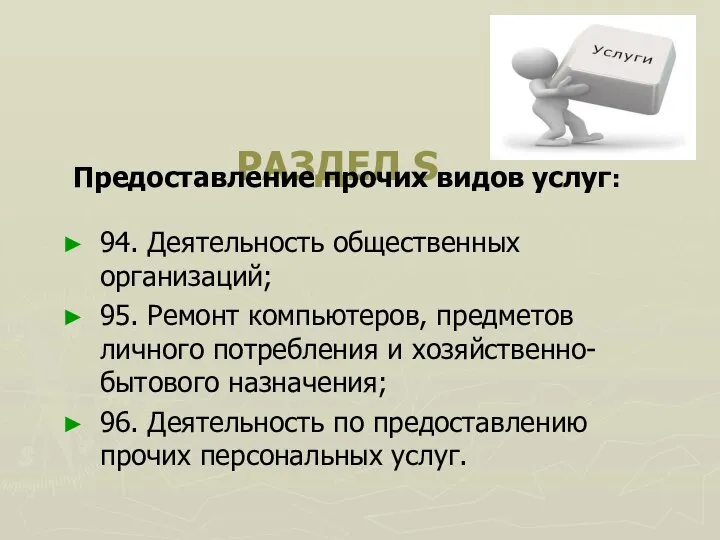 РАЗДЕЛ S Предоставление прочих видов услуг: 94. Деятельность общественных организаций; 95.