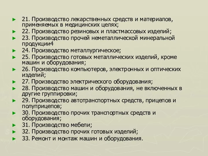 21. Производство лекарственных средств и материалов, применяемых в медицинских целях; 22.