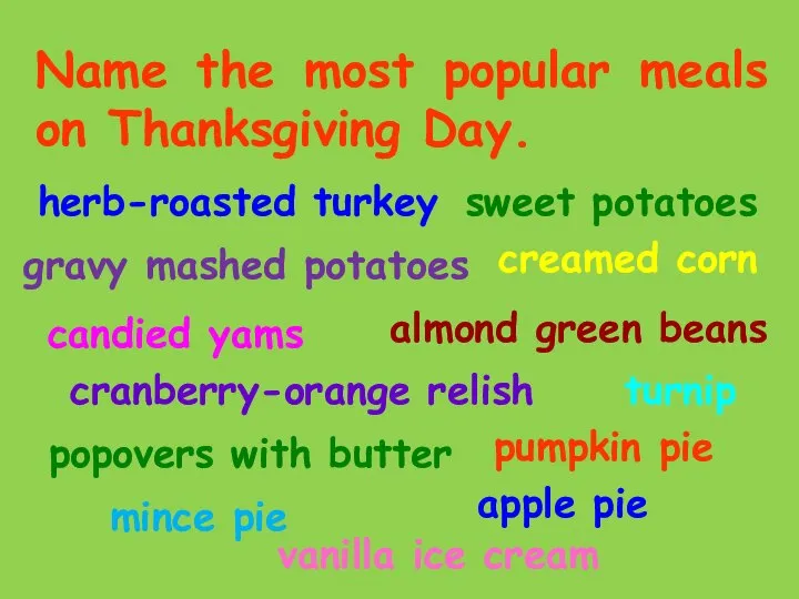 Name the most popular meals on Thanksgiving Day. herb-roasted turkey gravy