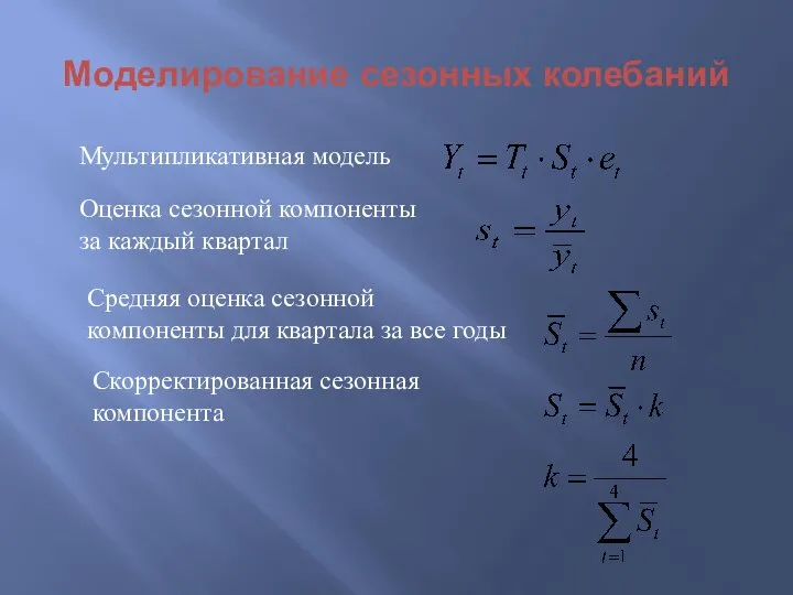 Моделирование сезонных колебаний Мультипликативная модель Оценка сезонной компоненты за каждый квартал