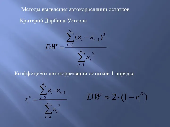 Методы выявления автокорреляции остатков Критерий Дарбина-Уотсона Коэффициент автокорреляции остатков 1 порядка