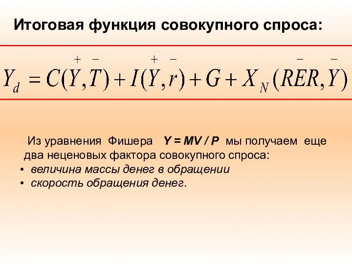 Итоговая функция совокупного спроса: Из уравнения Фишера Y = MV /