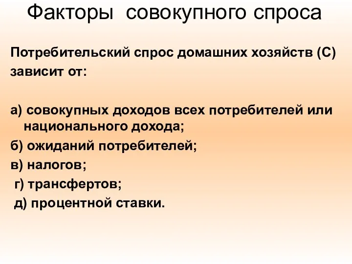 Факторы совокупного спроса Потребительский спрос домашних хозяйств (C) зависит от: а)