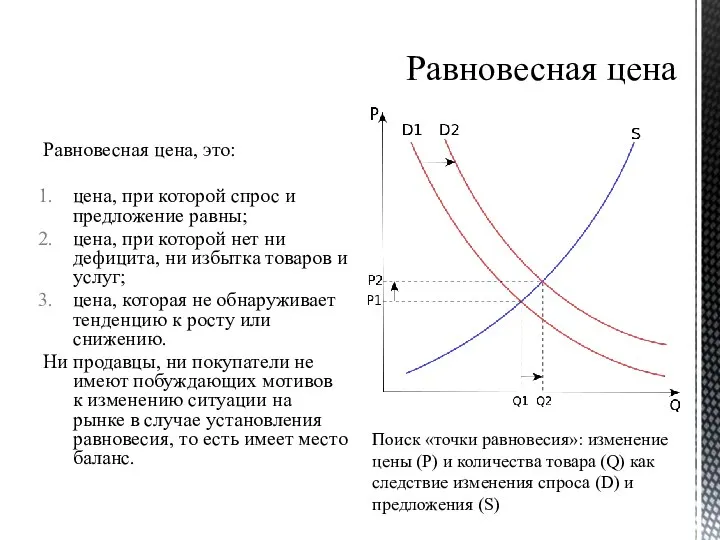 Равновесная цена Равновесная цена, это: цена, при которой спрос и предложение