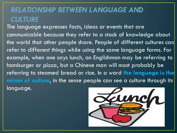 RELATIONSHIP BETWEEN LANGUAGE AND CULTURE The language expresses facts, ideas or